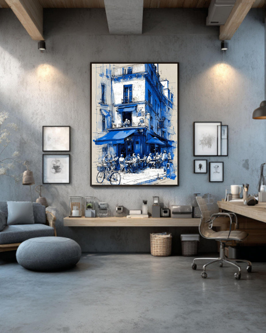 Blue Paris Cafe Sketch Print: French Bistro Street Scene Canvas