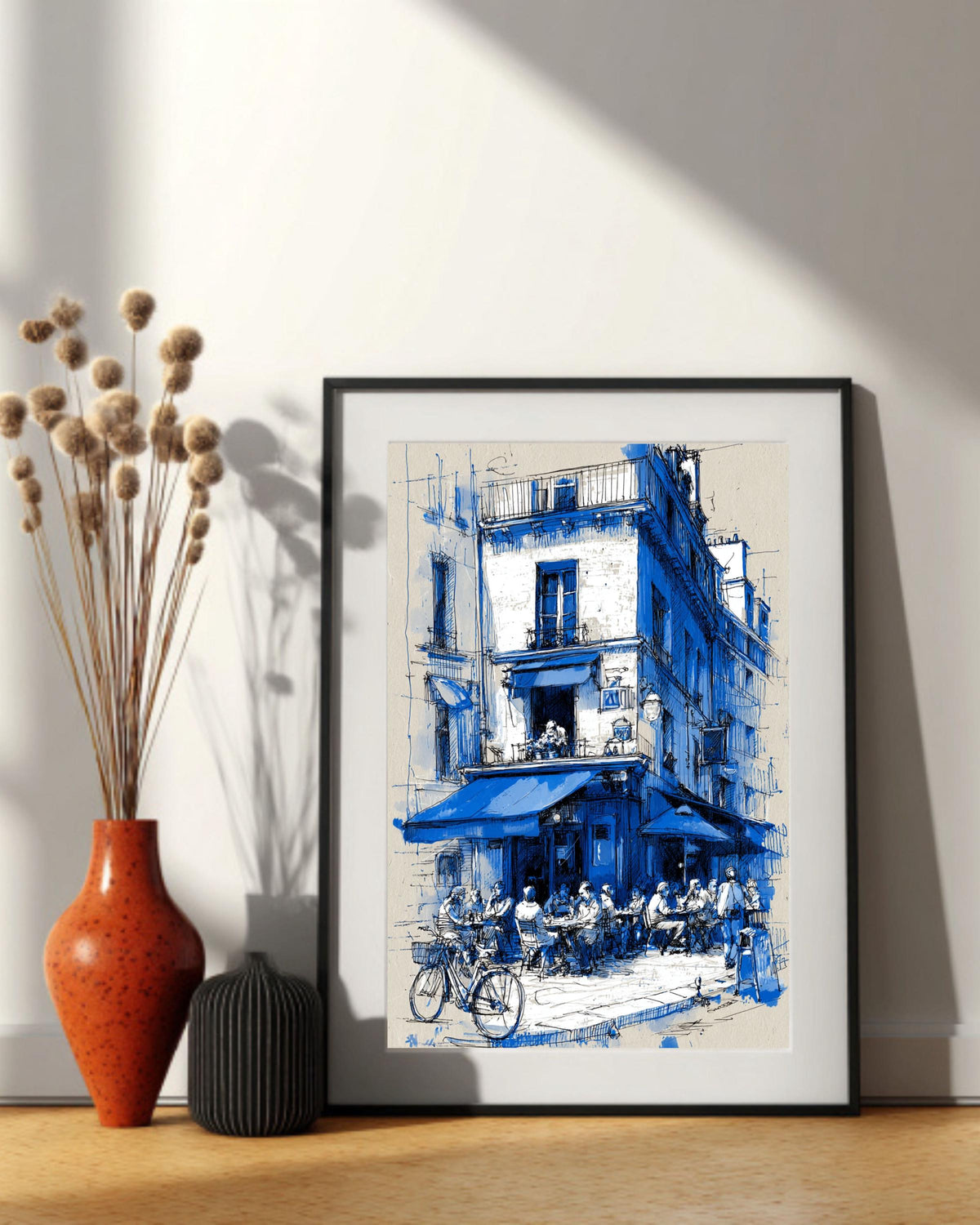 Blue Paris Cafe Sketch Print: French Bistro Street Scene Canvas