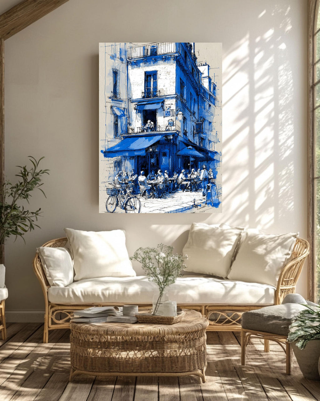 Blue Paris Cafe Sketch Print: French Bistro Street Scene Canvas