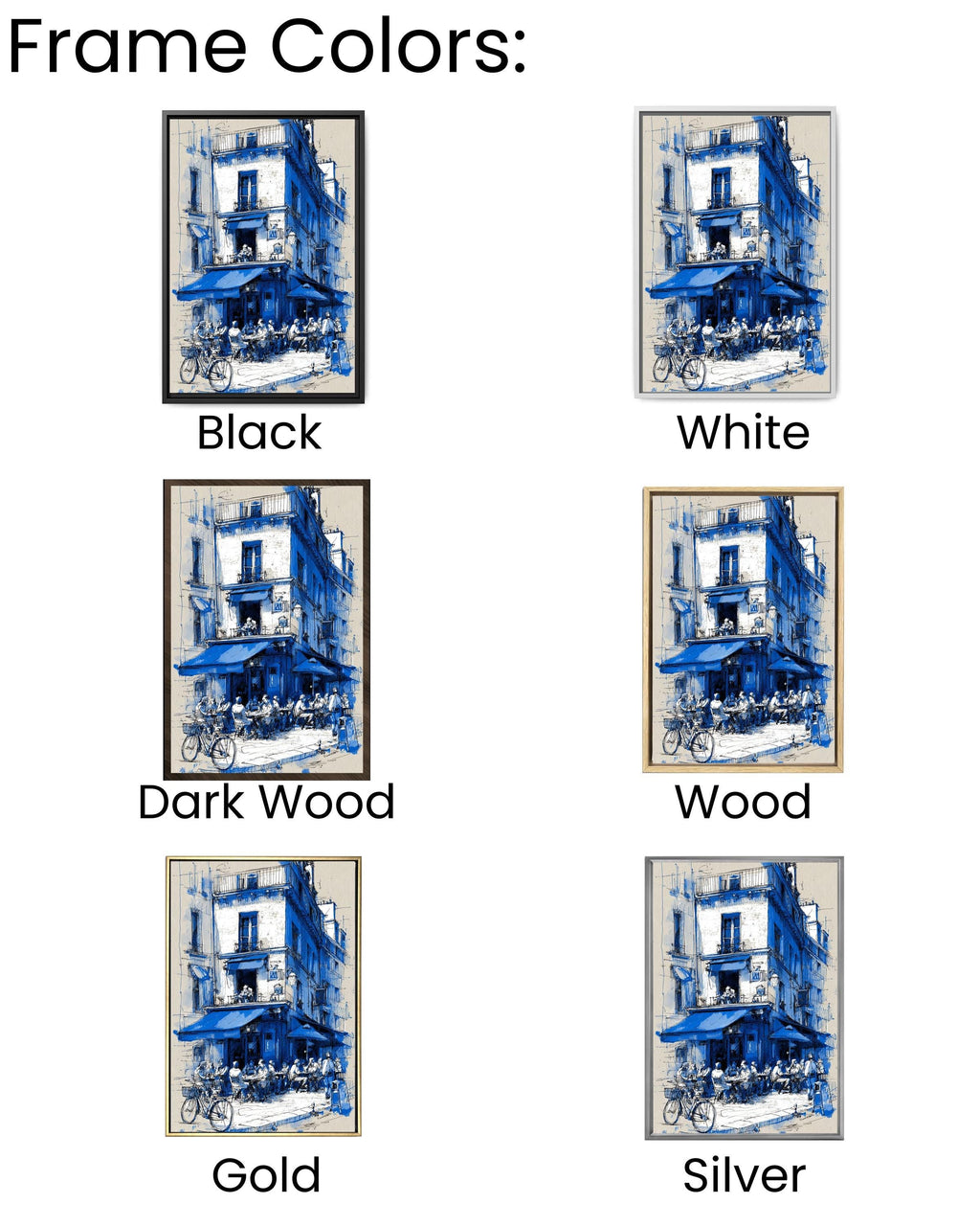 Blue Paris Cafe Sketch Print: French Bistro Street Scene Canvas