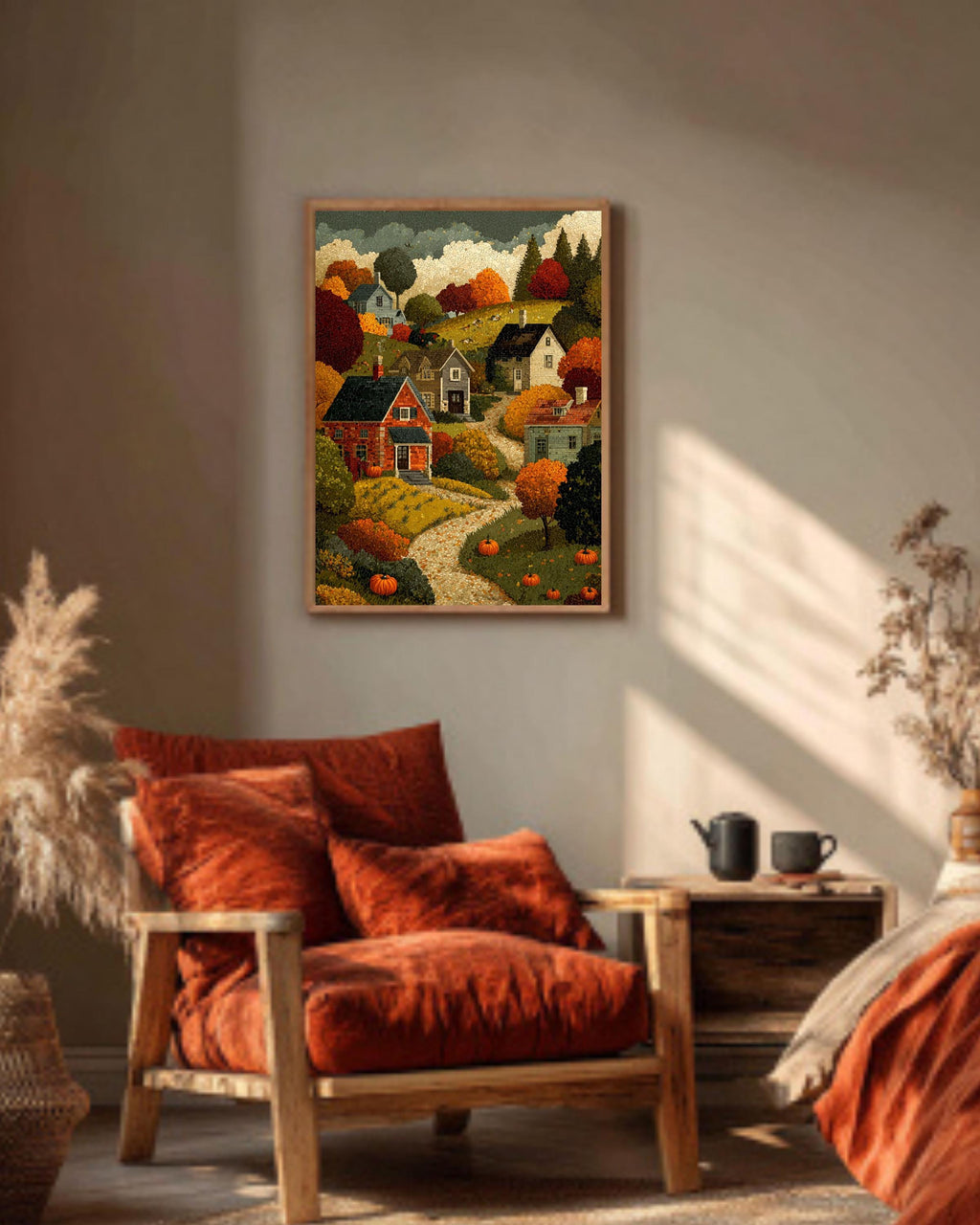 Autumn Village Canvas Print: Mosaic Fall Landscape, Thanksgiving Home Decor