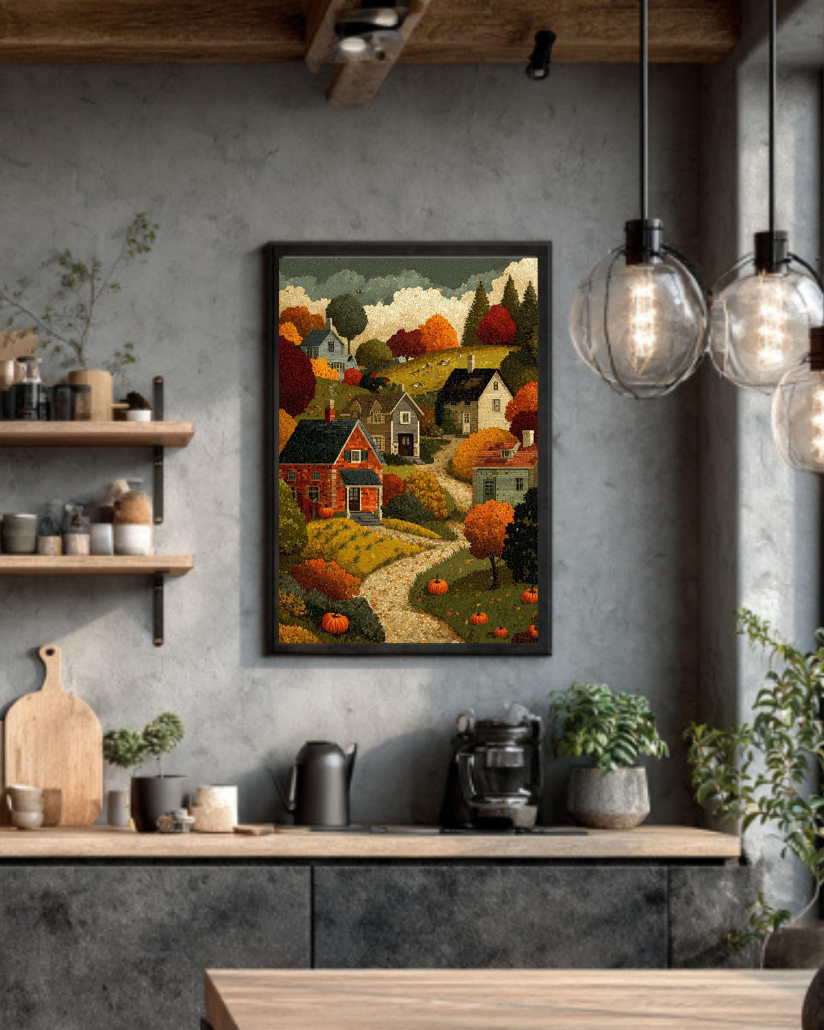 Autumn Village Canvas Print: Mosaic Fall Landscape, Thanksgiving Home Decor