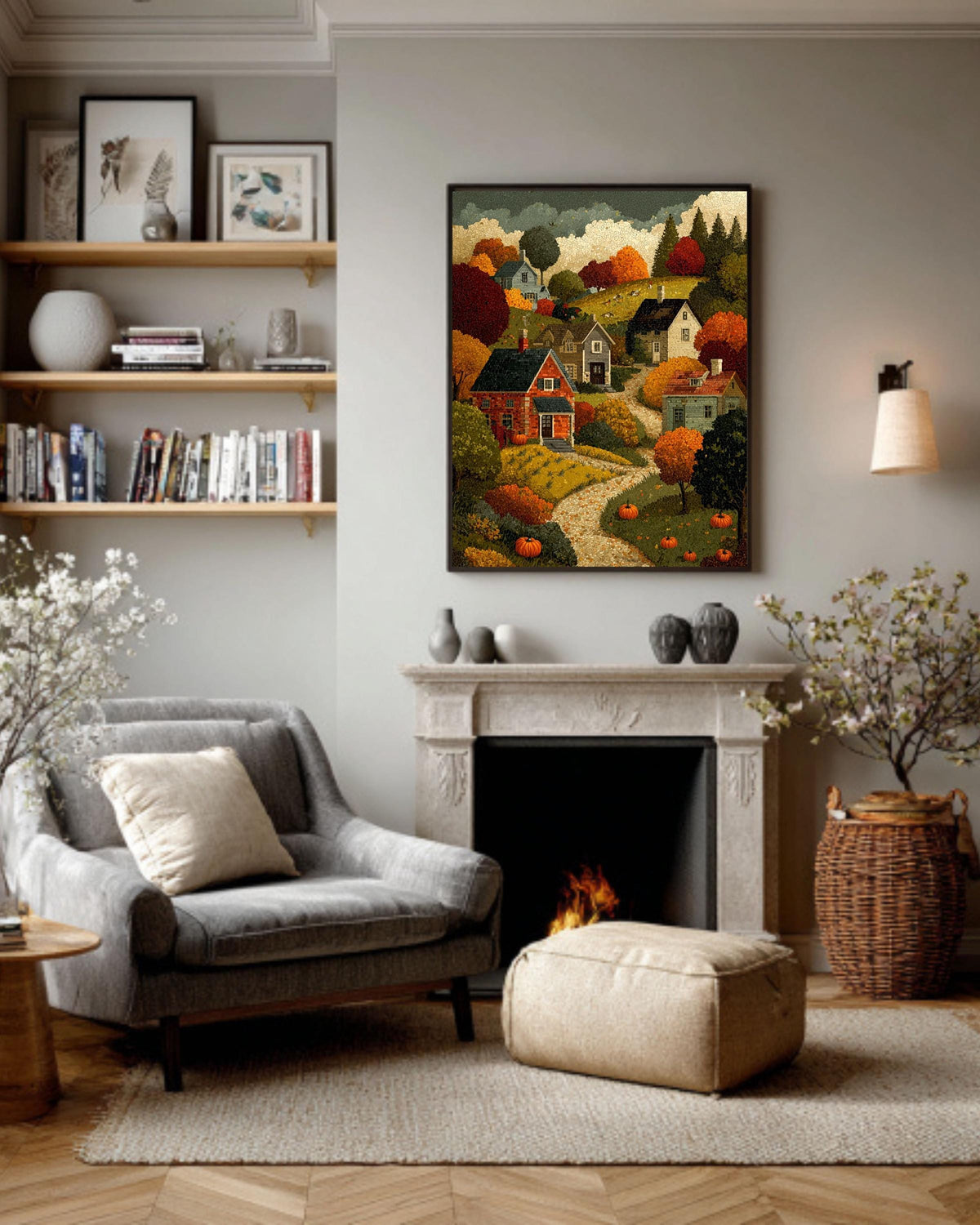 Autumn Village Canvas Print: Mosaic Fall Landscape, Thanksgiving Home Decor