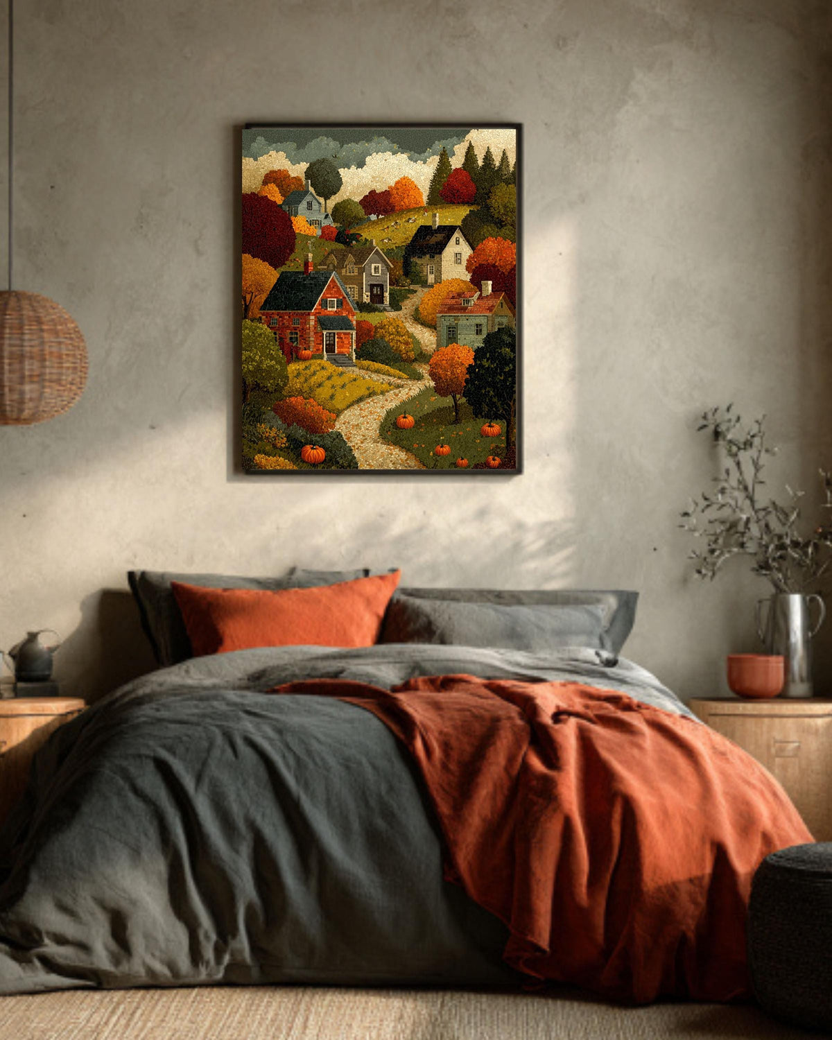 Autumn Village Canvas Print: Mosaic Fall Landscape, Thanksgiving Home Decor