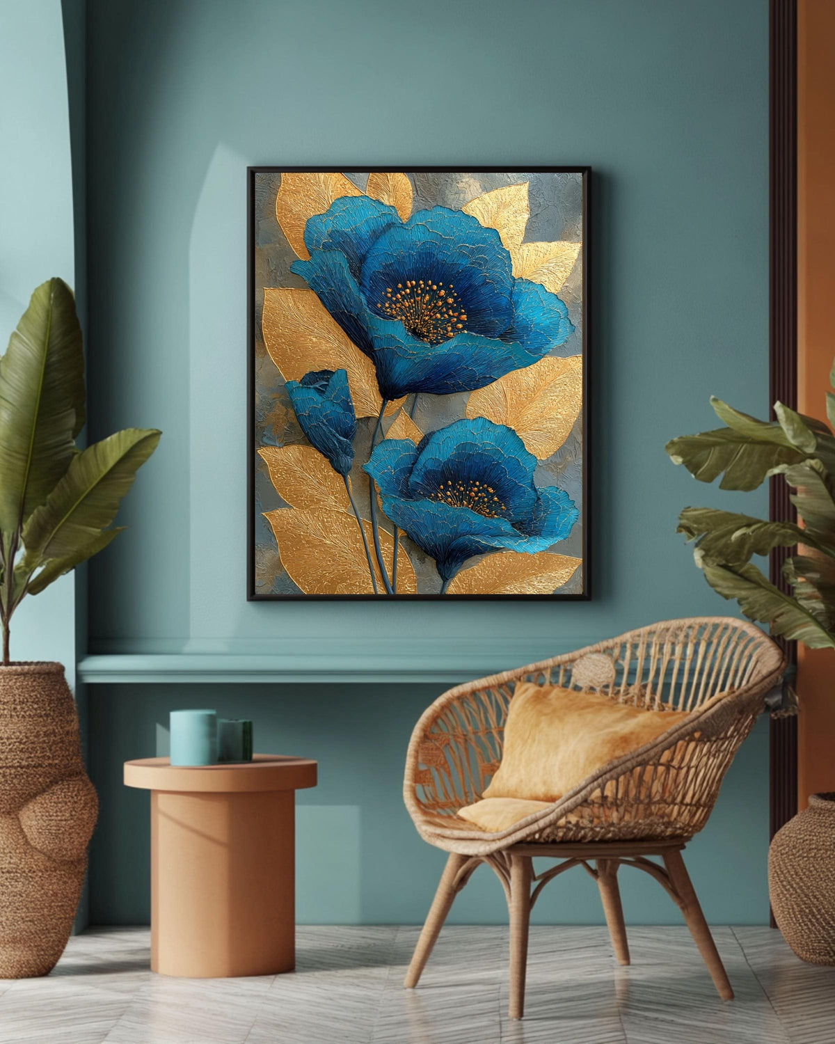 Abstract Blue and Gold Floral Canvas: Textured Botanical Wall Art