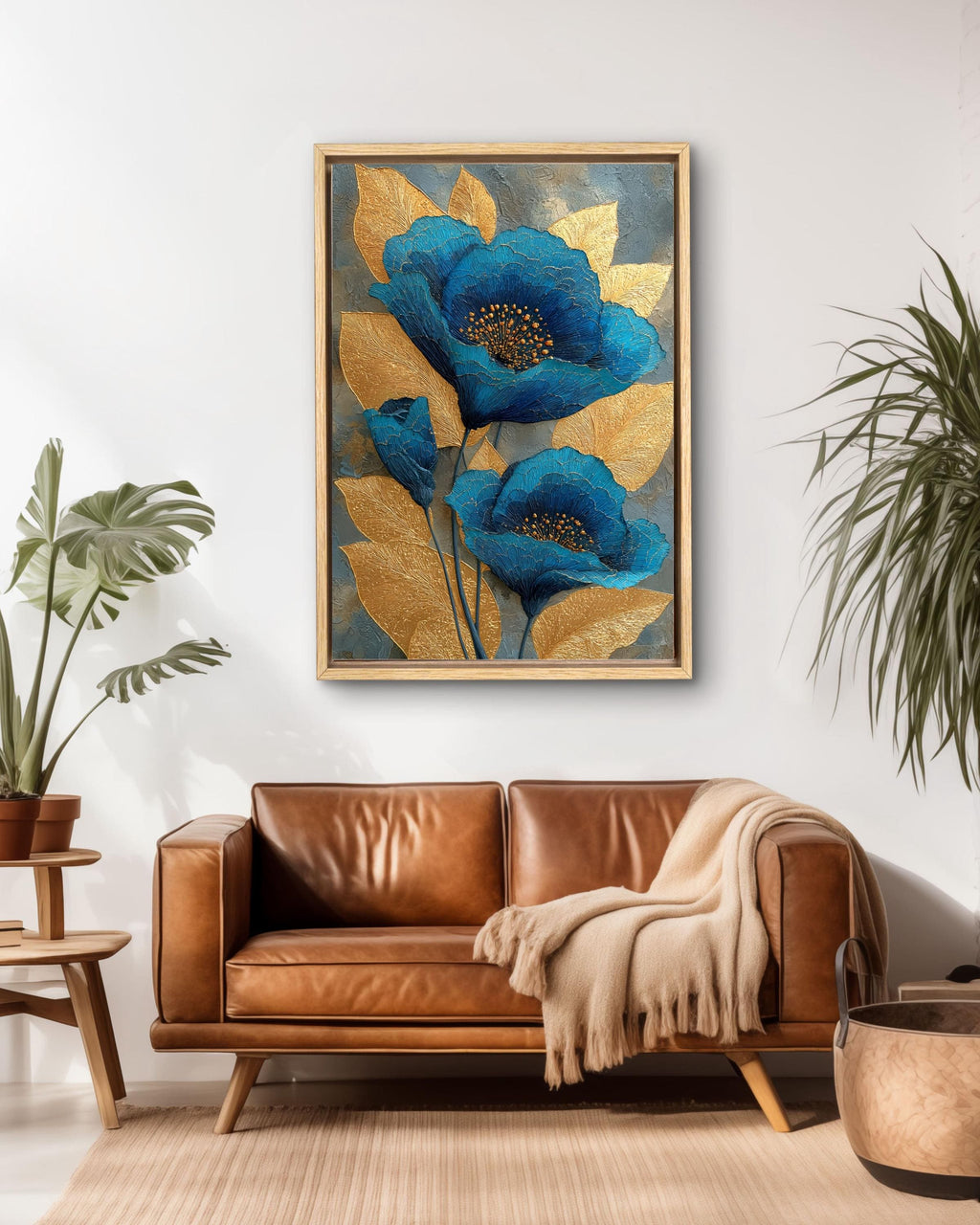 Abstract Blue and Gold Floral Canvas: Textured Botanical Wall Art