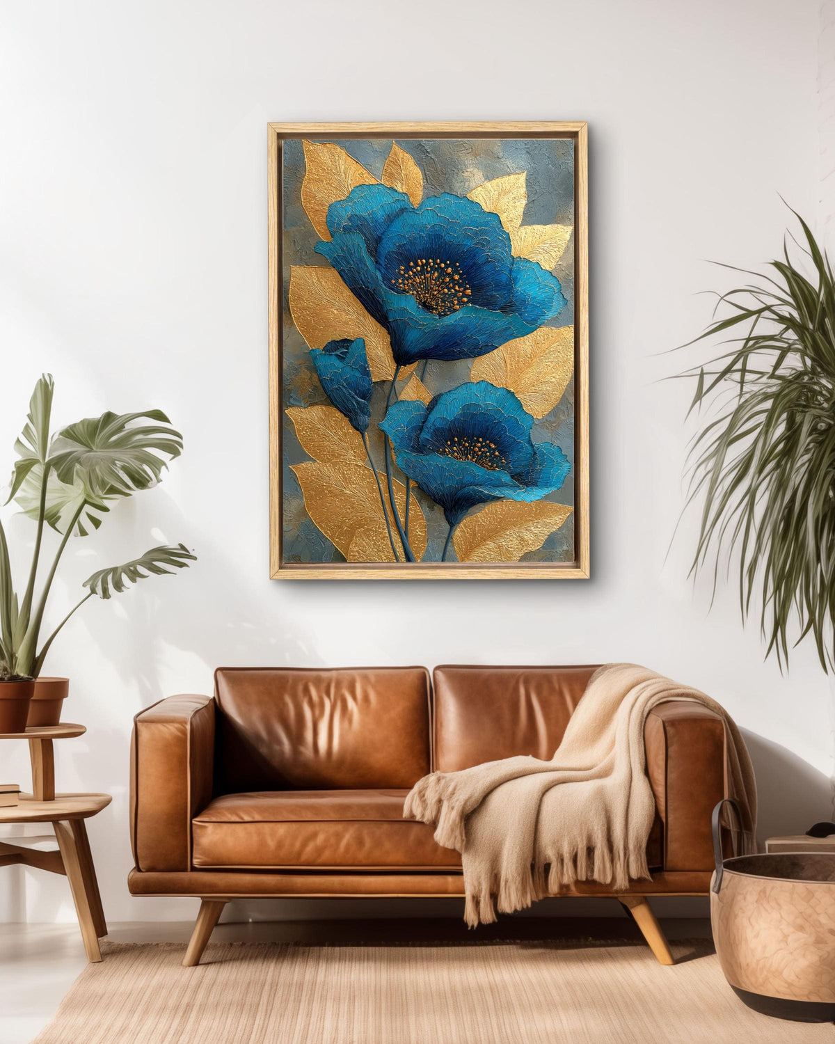 Abstract Blue and Gold Floral Canvas: Textured Botanical Wall Art