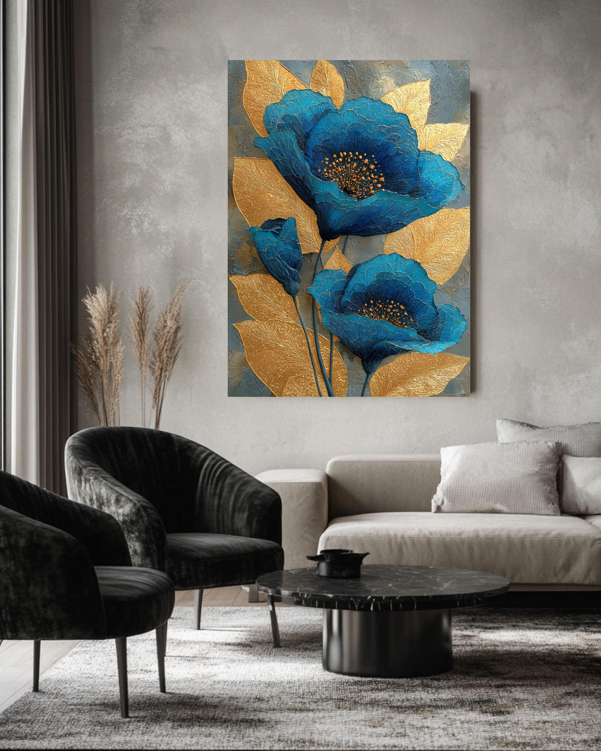 Abstract Blue and Gold Floral Canvas: Textured Botanical Wall Art