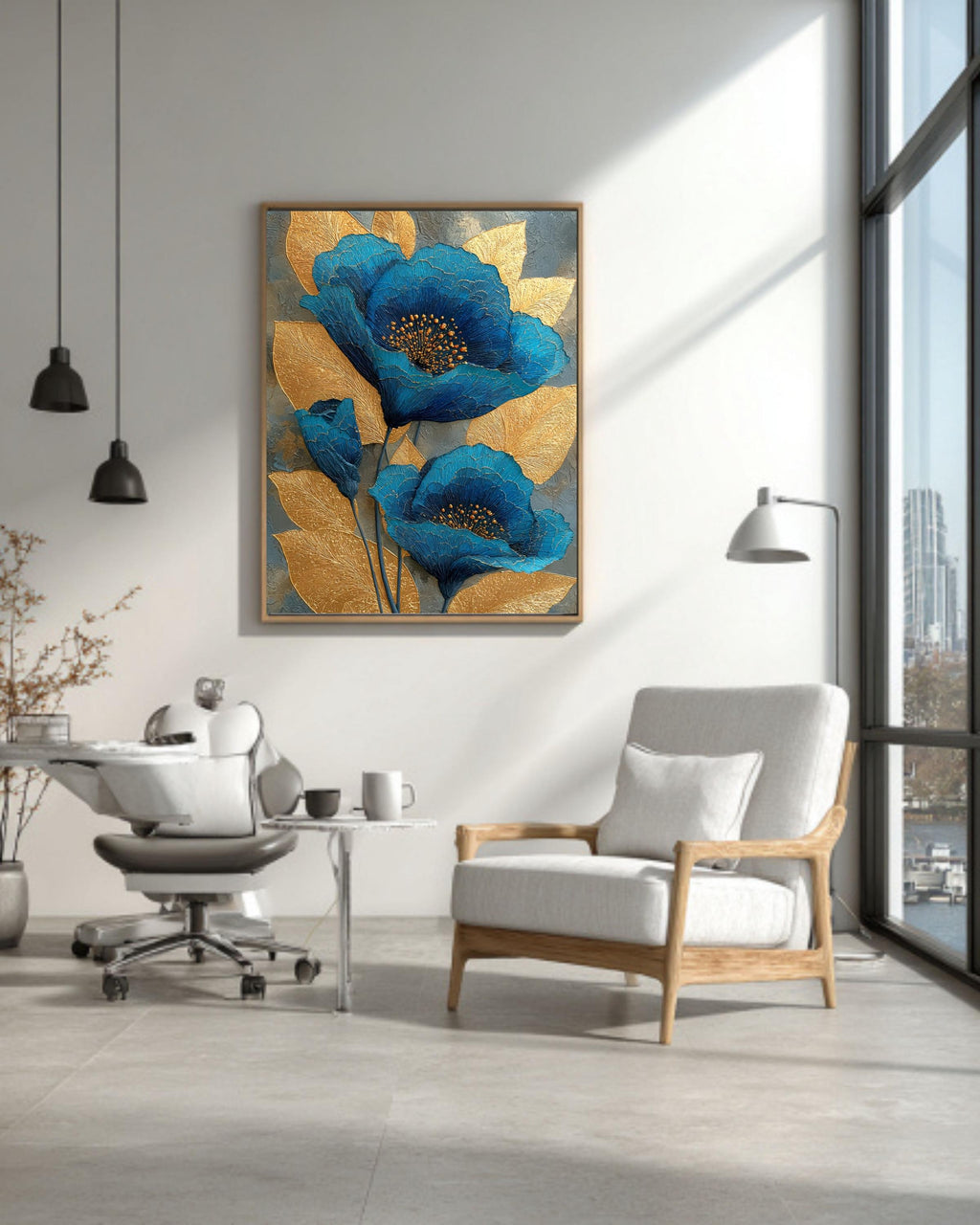 Abstract Blue and Gold Floral Canvas: Textured Botanical Wall Art
