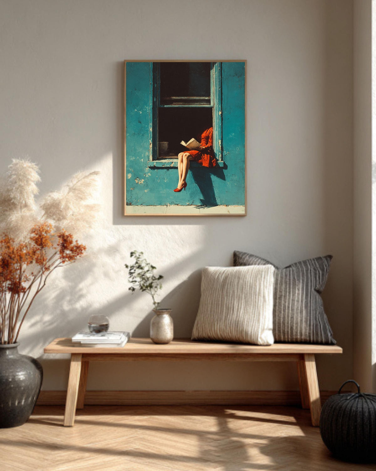 Red Dress Woman Reading Art Print, Blue Window, Mid-Century Modern Canvas