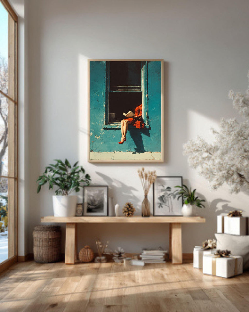 Red Dress Woman Reading Art Print, Blue Window, Mid-Century Modern Canvas