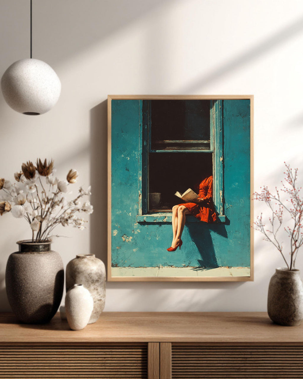 Red Dress Woman Reading Art Print, Blue Window, Mid-Century Modern Canvas