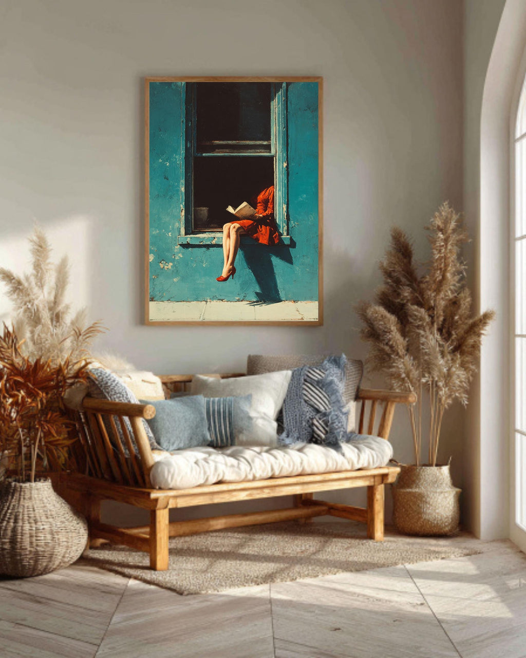 Red Dress Woman Reading Art Print, Blue Window, Mid-Century Modern Canvas