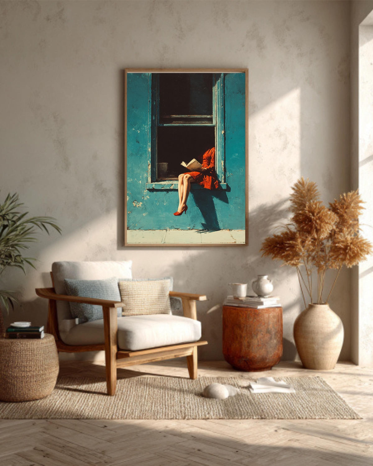 Red Dress Woman Reading Art Print, Blue Window, Mid-Century Modern Canvas