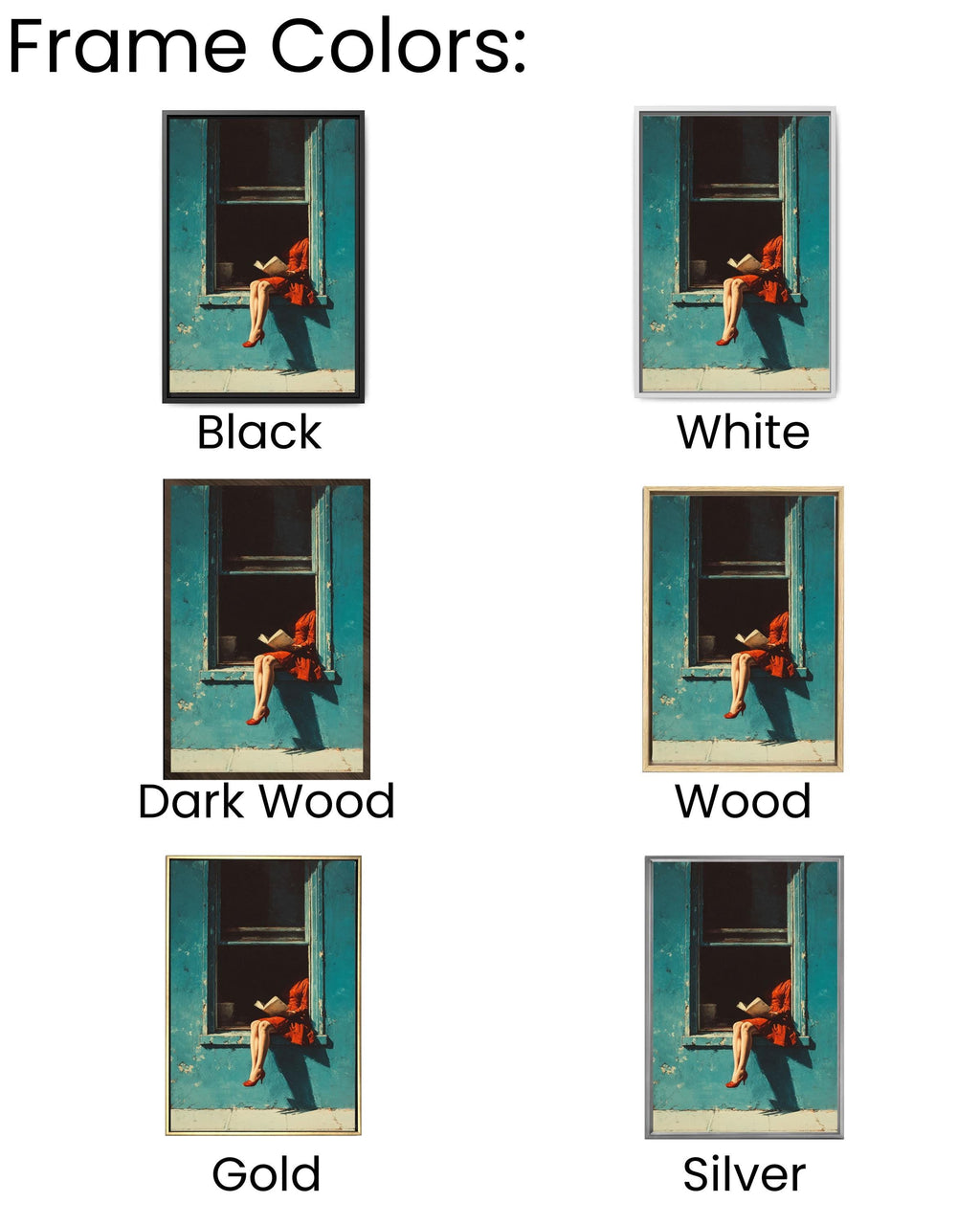 Red Dress Woman Reading Art Print, Blue Window, Mid-Century Modern Canvas