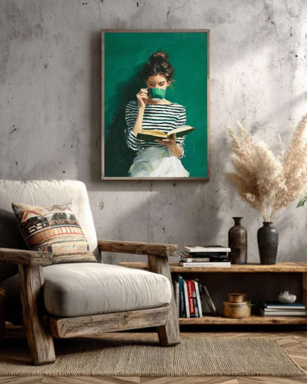 Emerald Green Art, Modern Reading Woman, Minimalist Boho Canvas