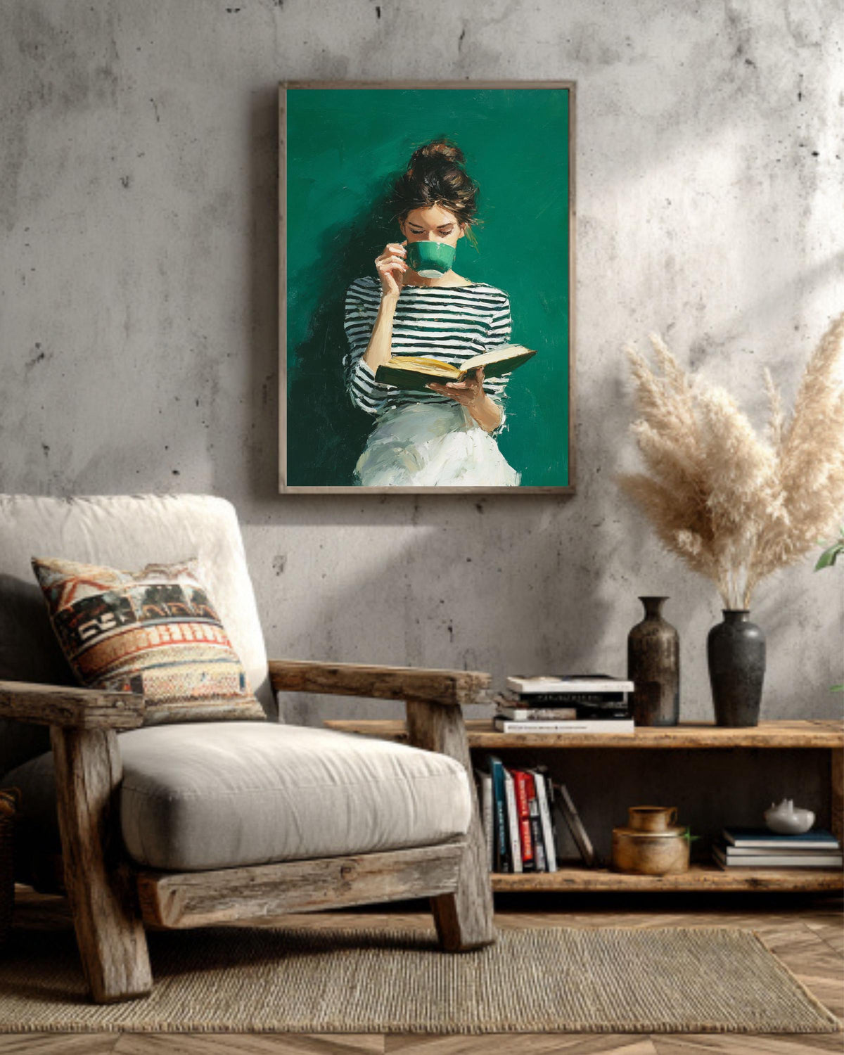 Emerald Green Art, Modern Reading Woman, Minimalist Boho Canvas