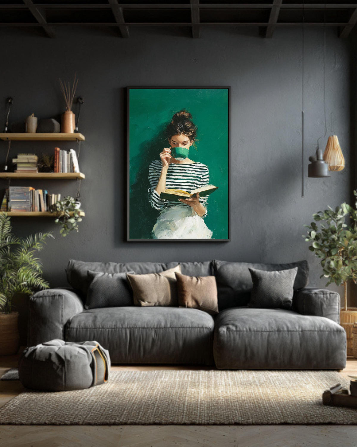 Emerald Green Art, Modern Reading Woman, Minimalist Boho Canvas