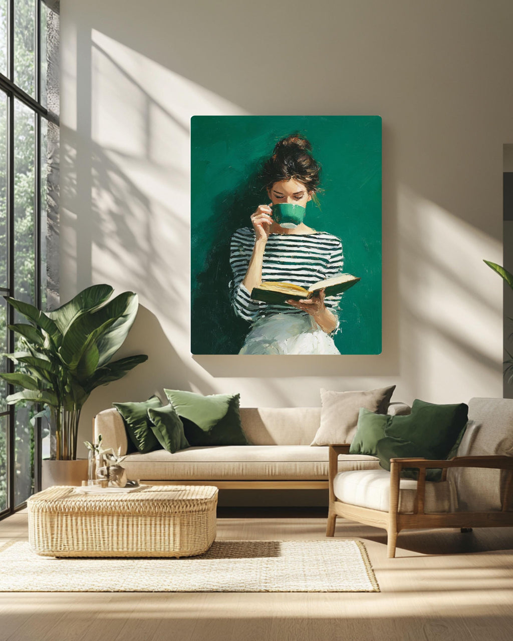 Emerald Green Art, Modern Reading Woman, Minimalist Boho Canvas