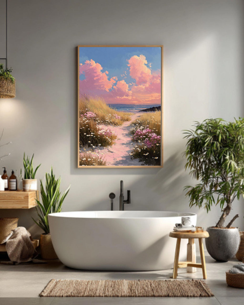 Pink Coastal Beach, Wildflower Landscape Painting, Spring Seascape Wall Art