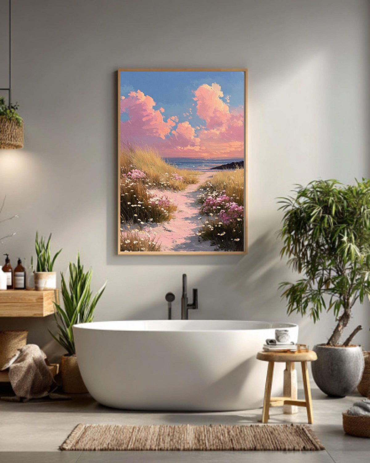 Pink Coastal Beach, Wildflower Landscape Painting, Spring Seascape Wall Art