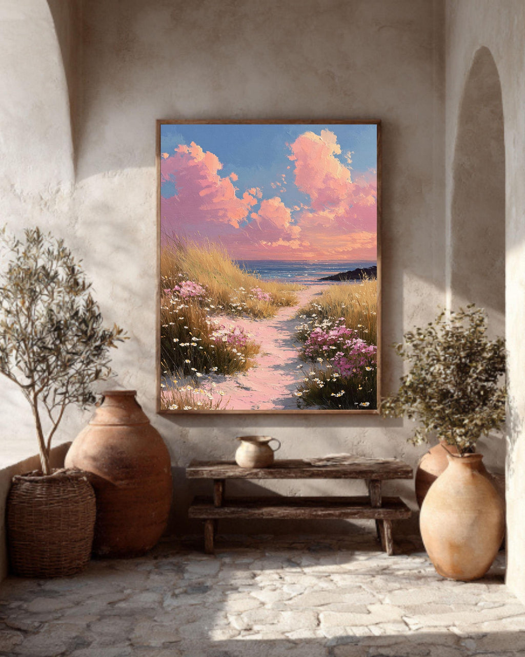 Pink Coastal Beach, Wildflower Landscape Painting, Spring Seascape Wall Art