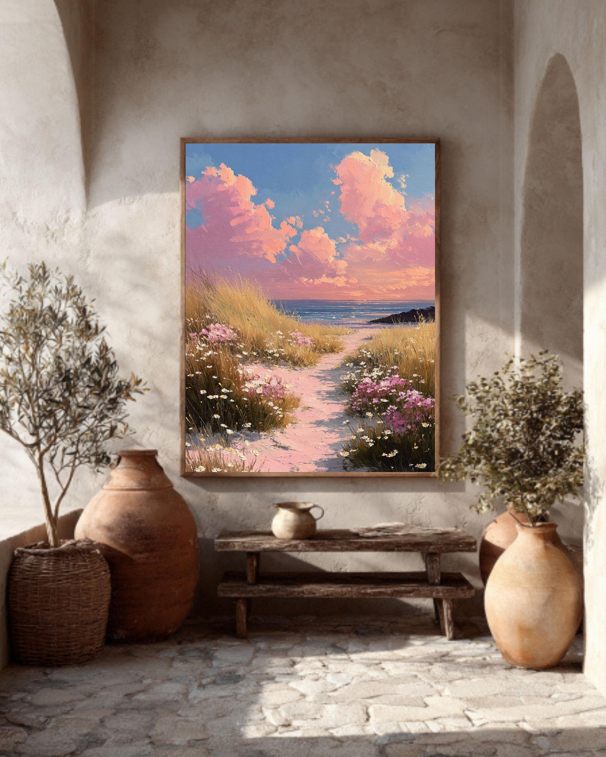 Pink Coastal Beach, Wildflower Landscape Painting, Spring Seascape Wall Art