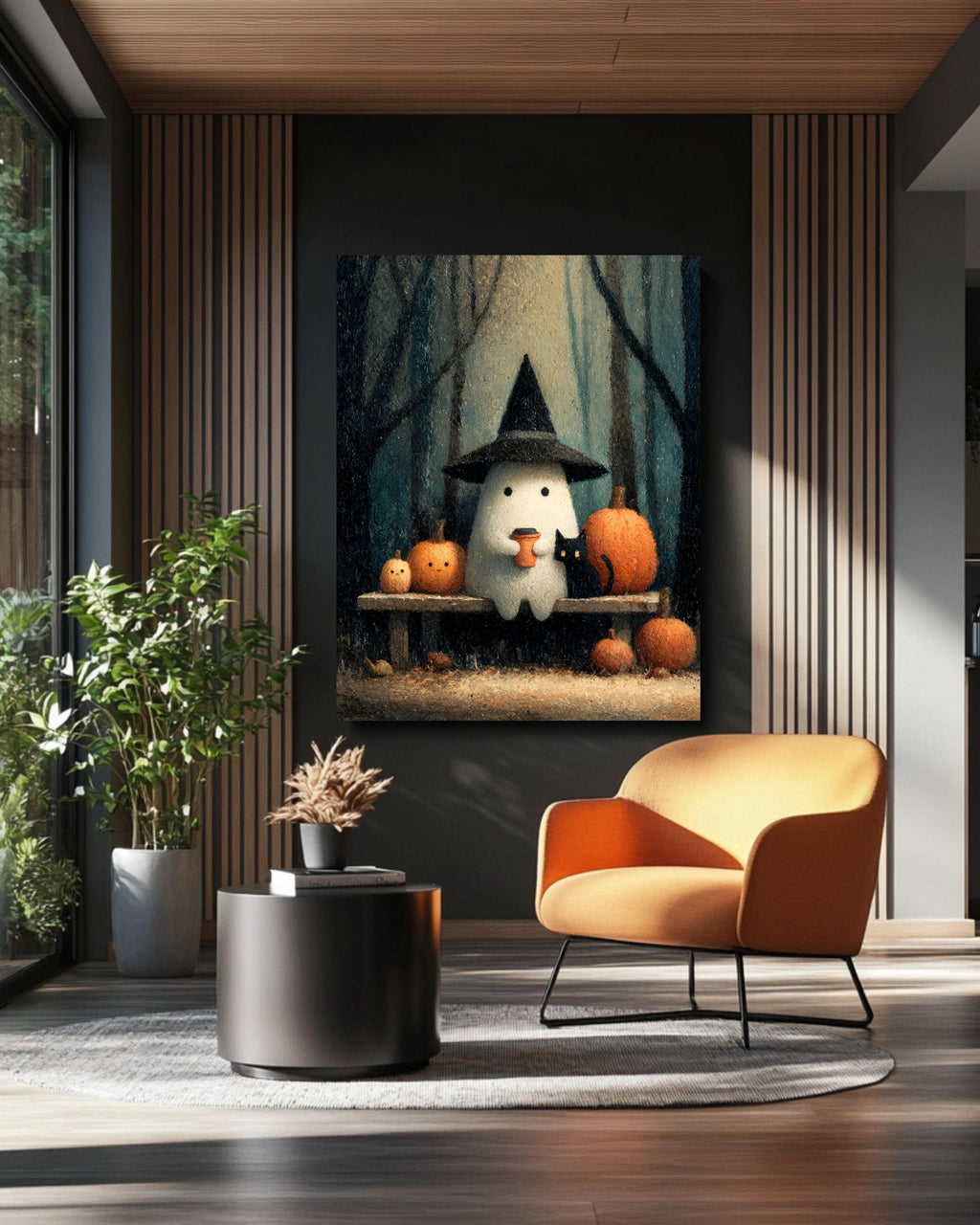 Vintage Halloween Ghost Print, Coffee, Black Cat Canvas Wall Art