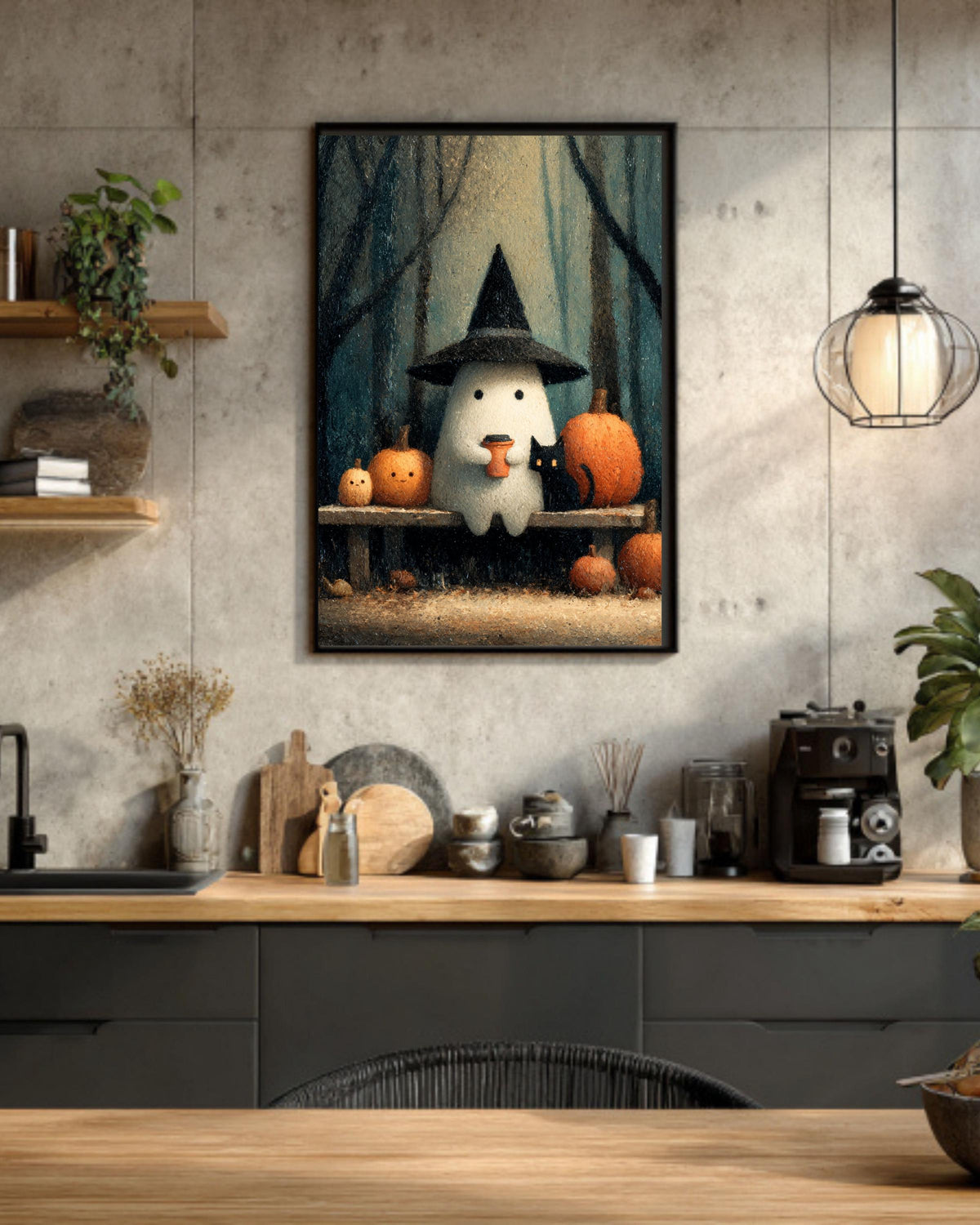 Vintage Halloween Ghost Print, Coffee, Black Cat Canvas Wall Art