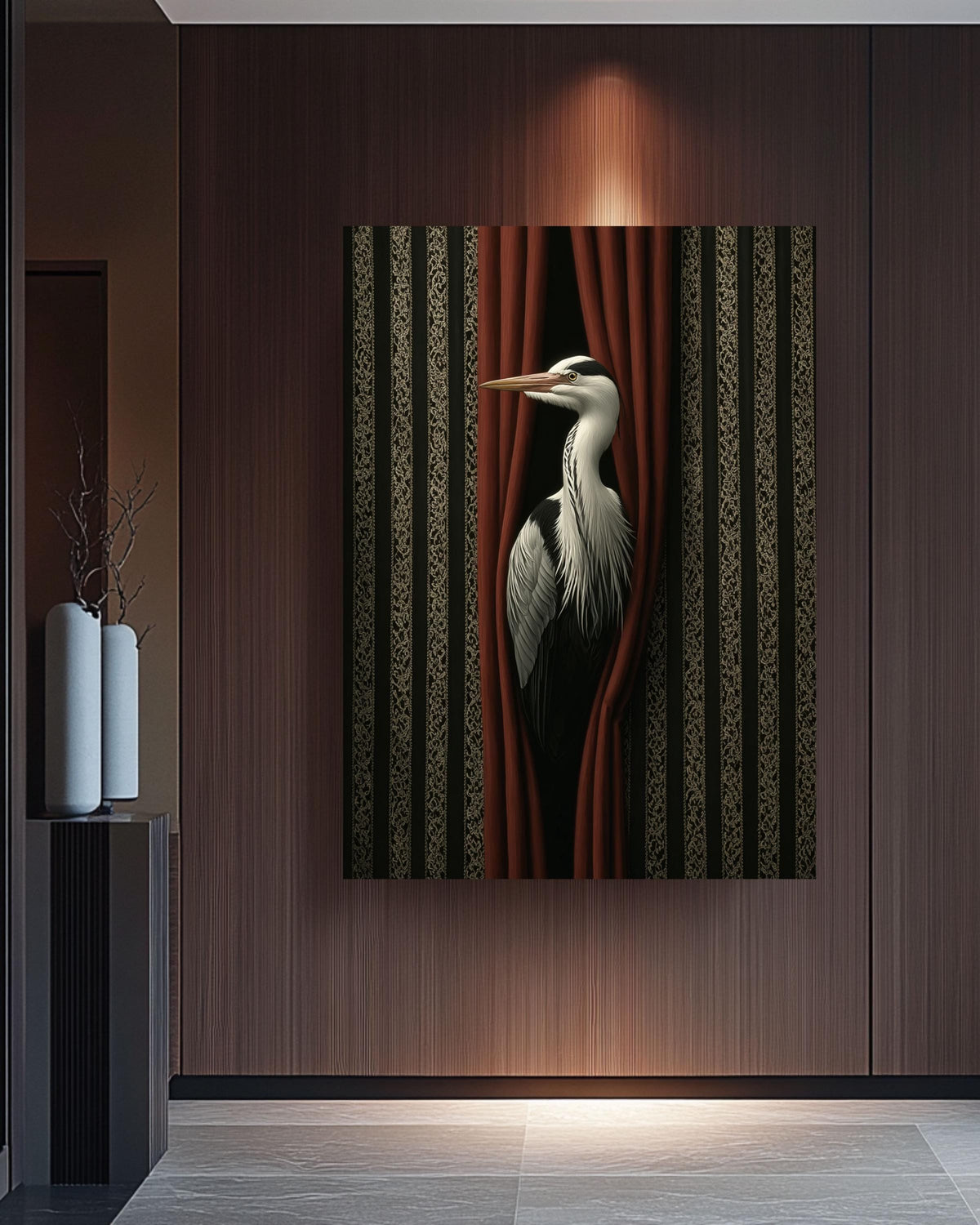 Surreal Bird Print, Vintage Striped, Modern Abstract Artwork