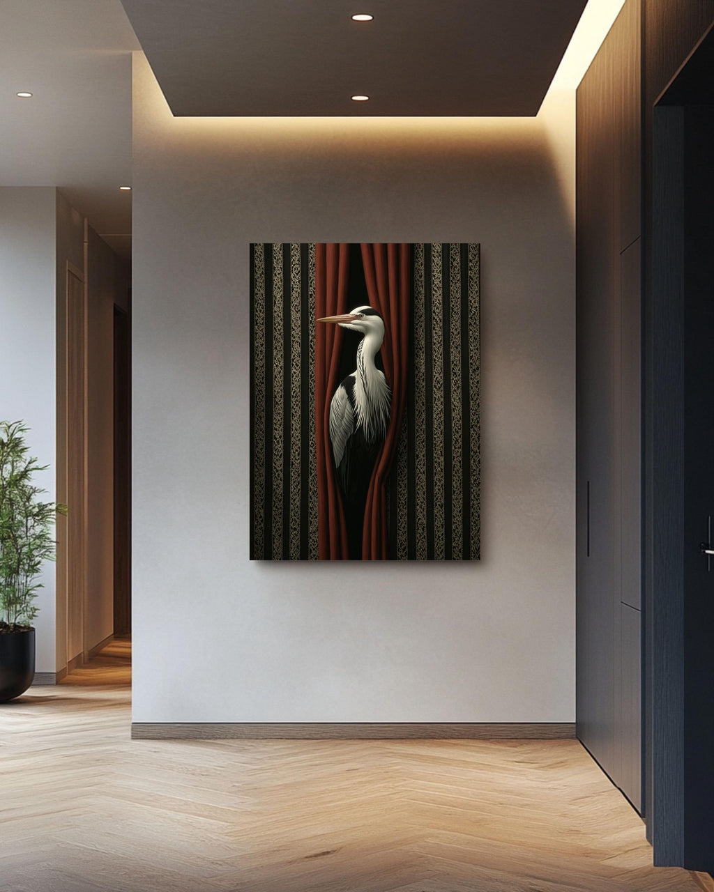 Surreal Bird Print, Vintage Striped, Modern Abstract Artwork