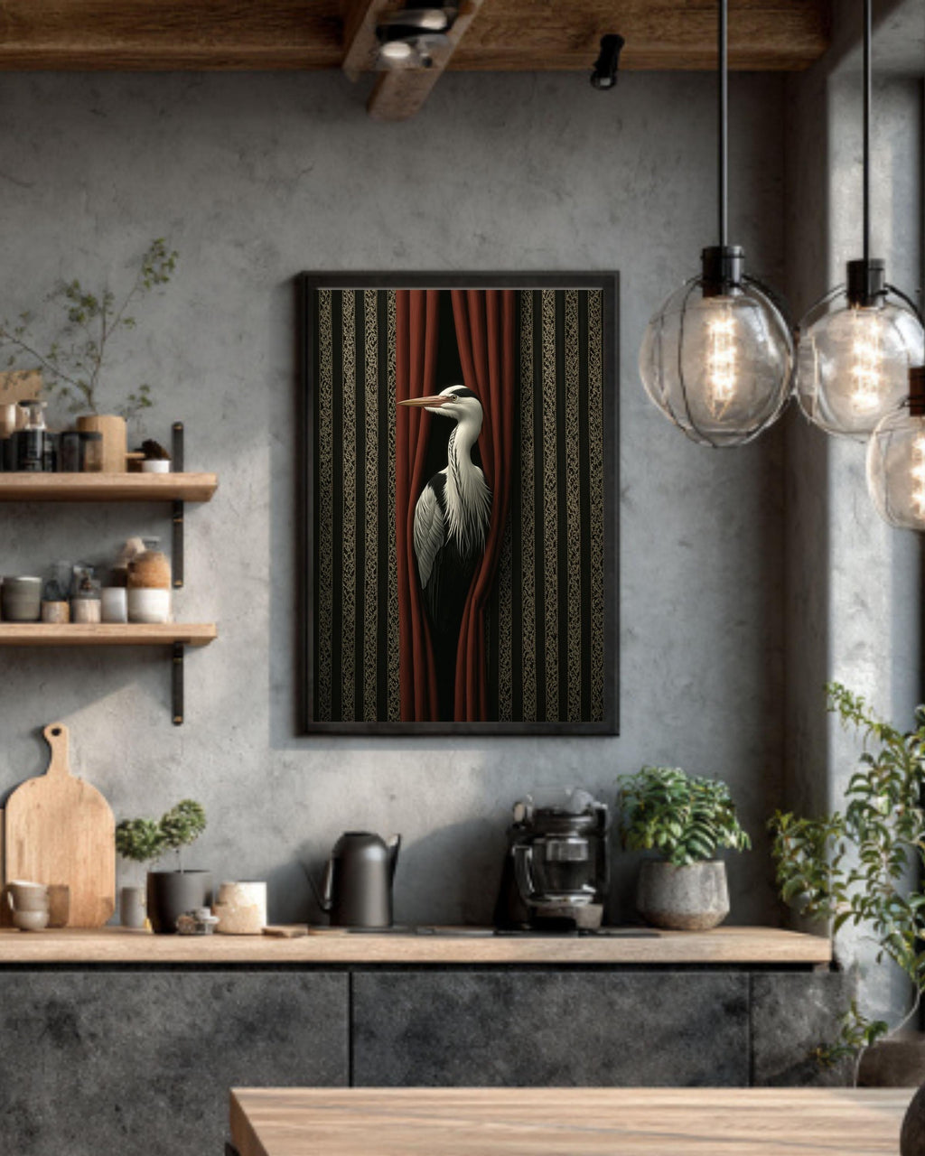 Surreal Bird Print, Vintage Striped, Modern Abstract Artwork