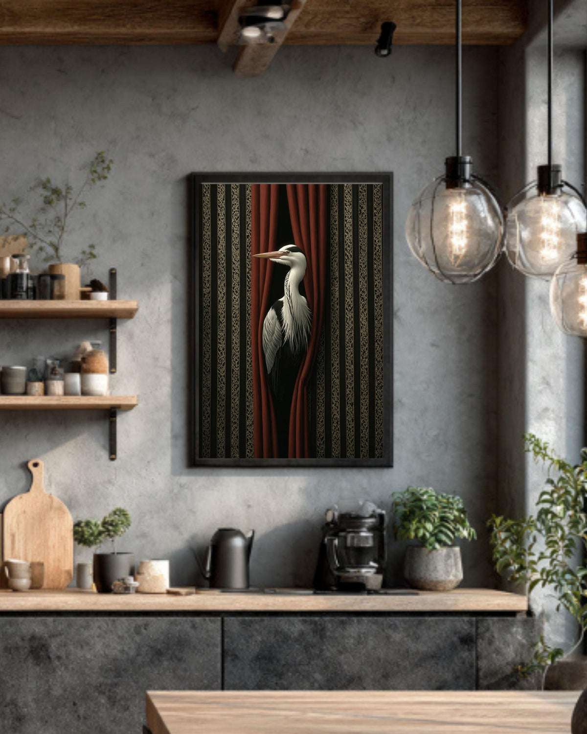 Surreal Bird Print, Vintage Striped, Modern Abstract Artwork