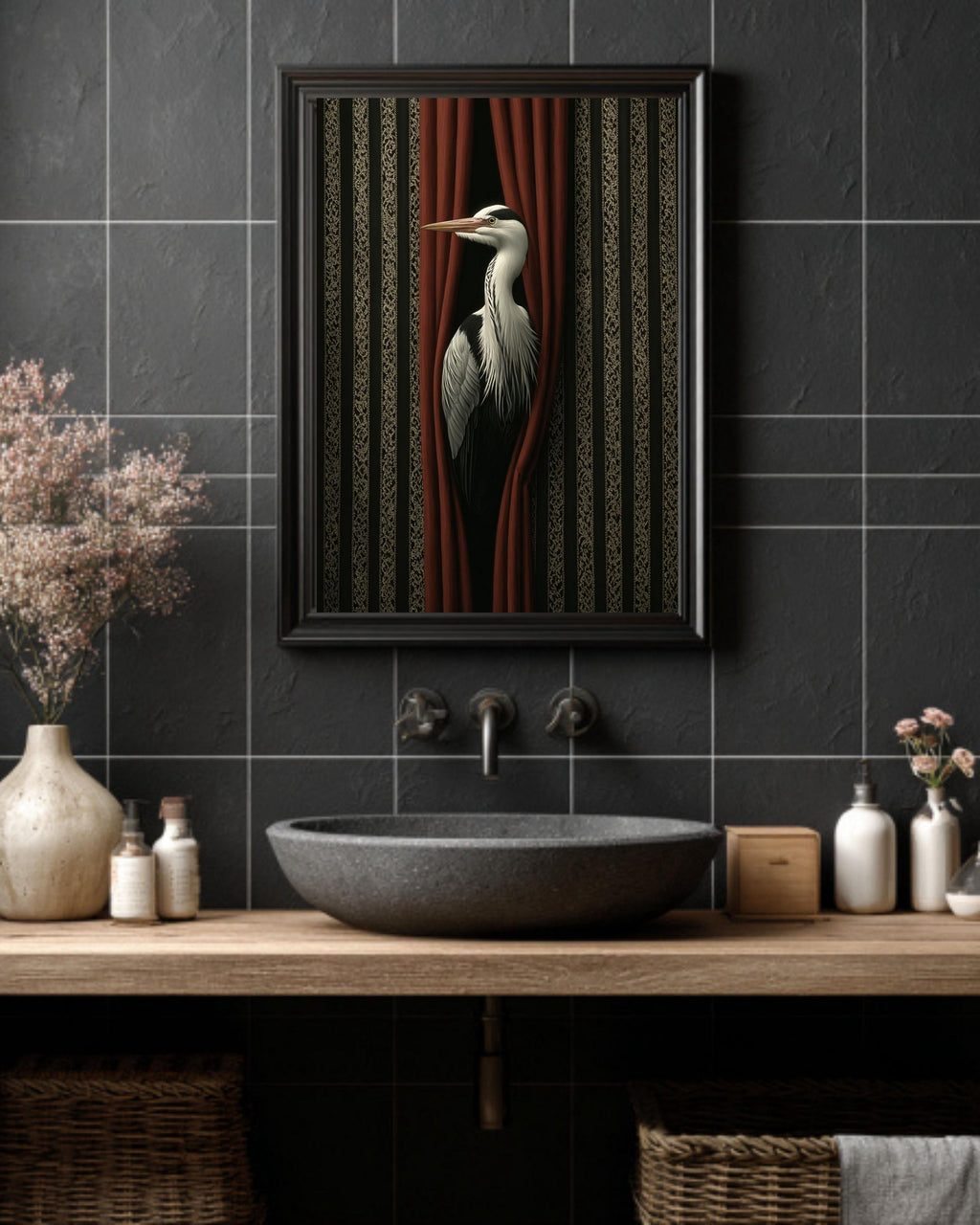 Surreal Bird Print, Vintage Striped, Modern Abstract Artwork