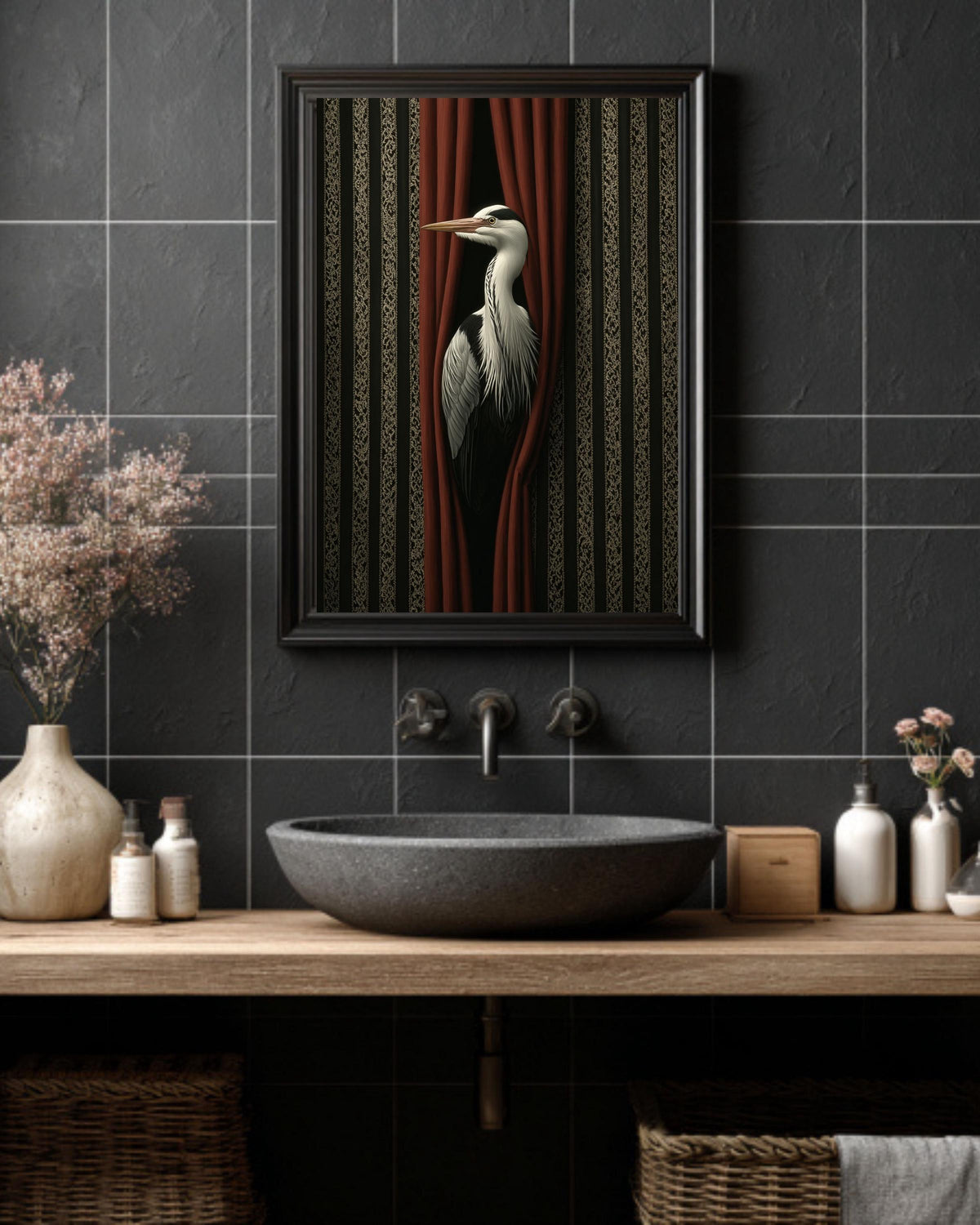 Surreal Bird Print, Vintage Striped, Modern Abstract Artwork