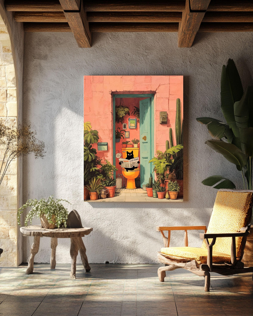 Funny Cat Art, Black Cat on Toilet, Pink Tropical Bathroom Print