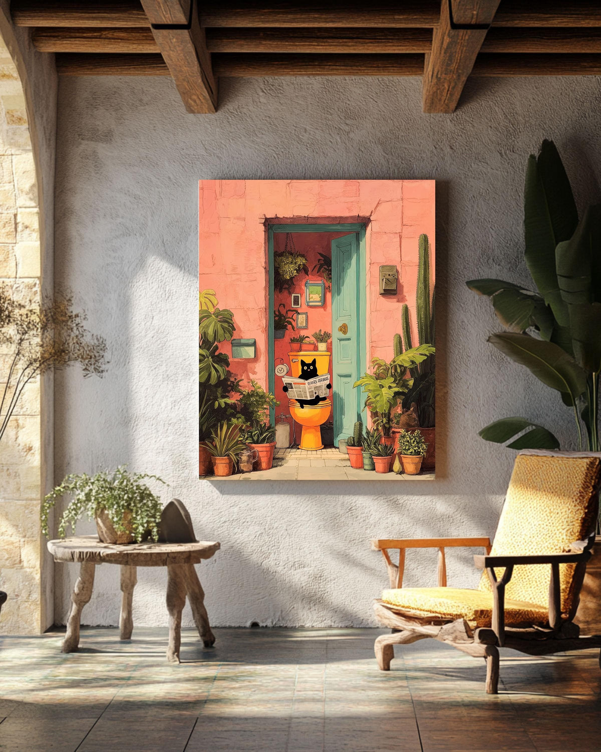 Funny Cat Art, Black Cat on Toilet, Pink Tropical Bathroom Print