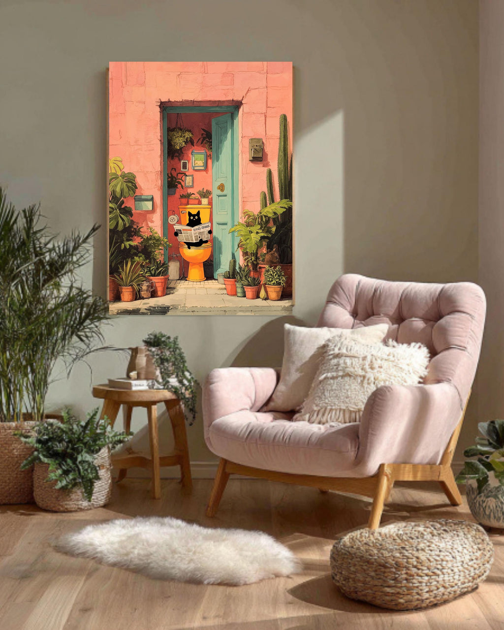 Funny Cat Art, Black Cat on Toilet, Pink Tropical Bathroom Print