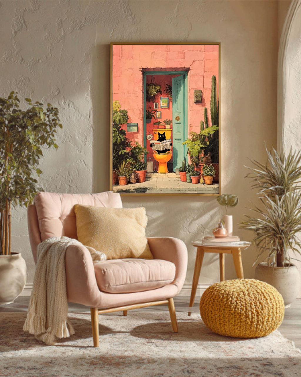 Funny Cat Art, Black Cat on Toilet, Pink Tropical Bathroom Print