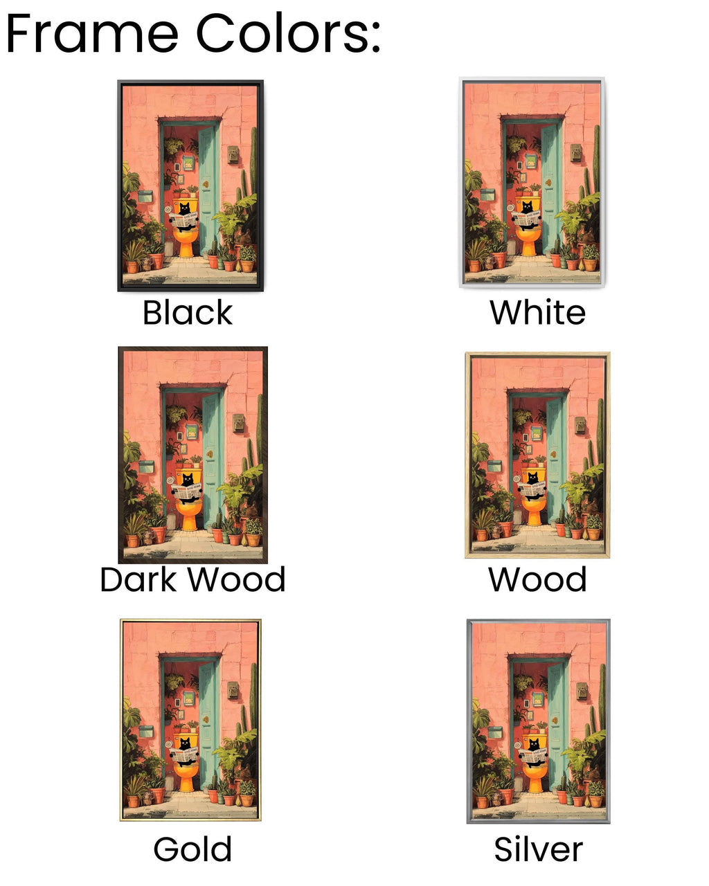 Funny Cat Art, Black Cat on Toilet, Pink Tropical Bathroom Print