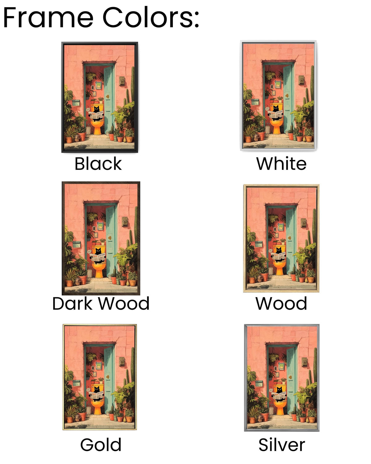 Funny Cat Art, Black Cat on Toilet, Pink Tropical Bathroom Print
