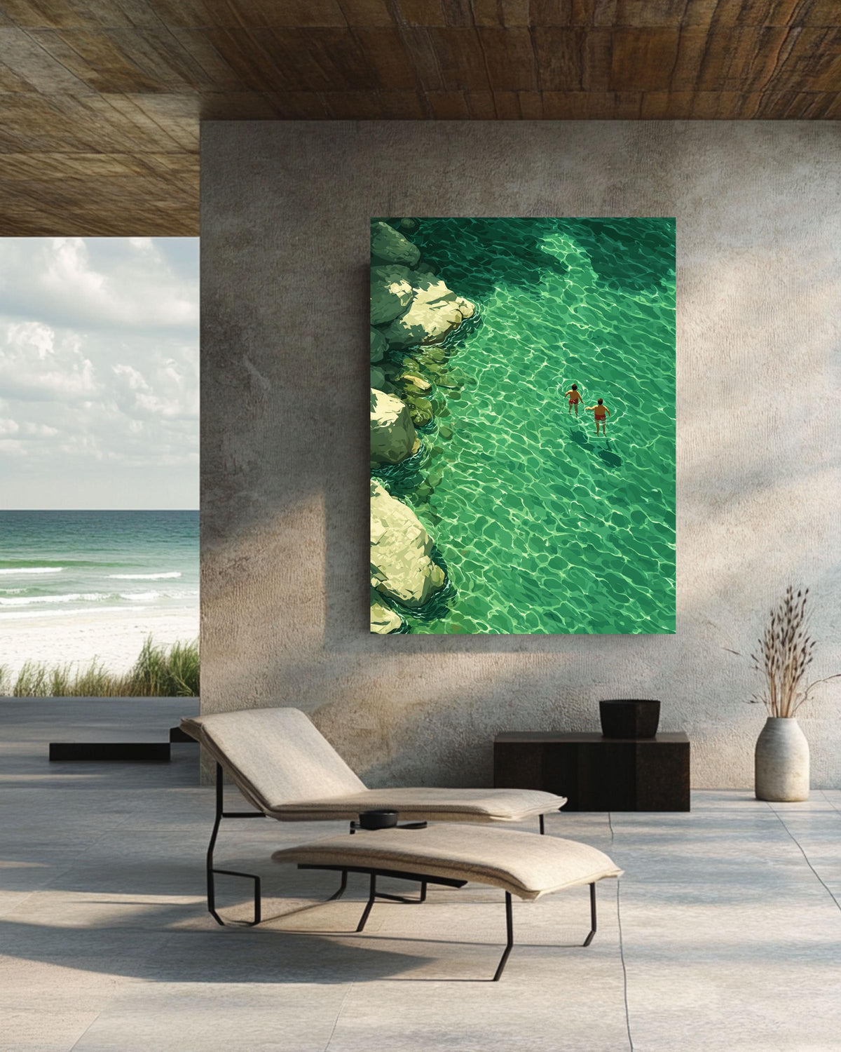 Swimming Abstract, Green Water Painting, Minimalist Retro Art
