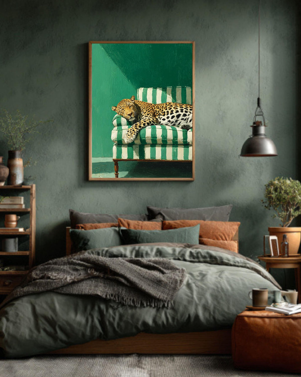 Sleepy Leopard Poster, Emerald Green Wall Art, Modern Maximalist Print