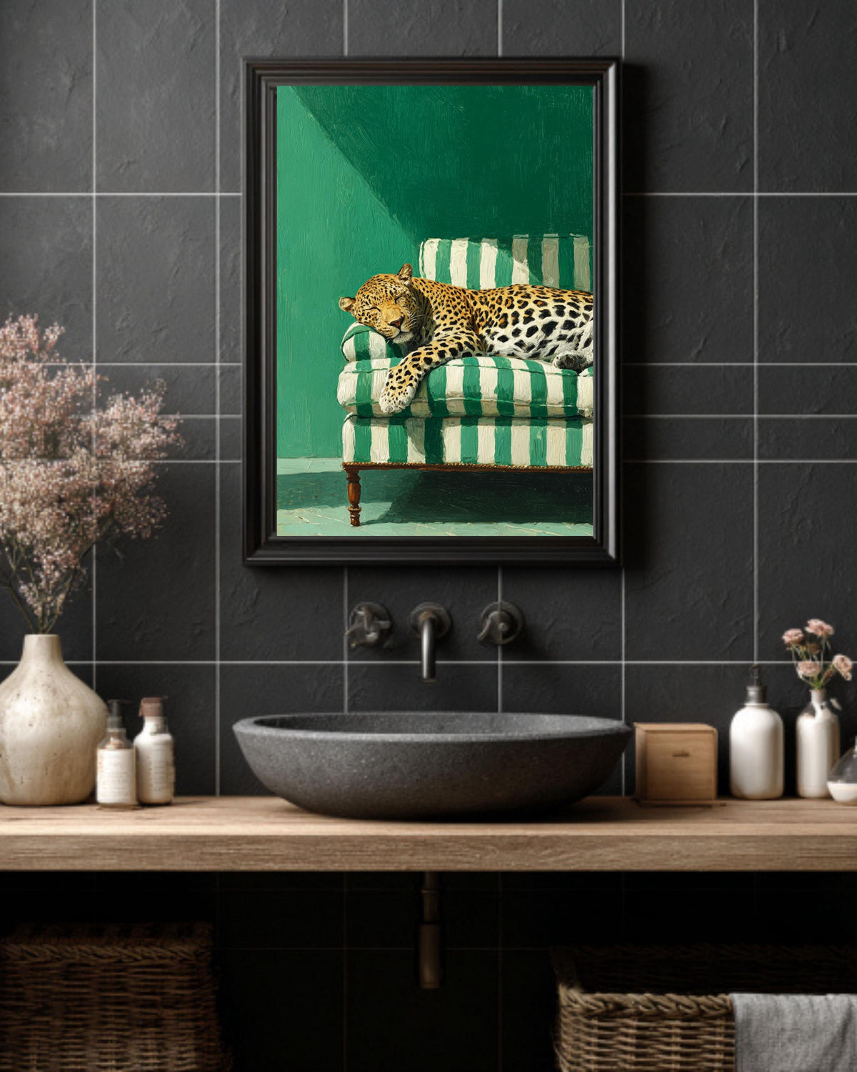 Sleepy Leopard Poster, Emerald Green Wall Art, Modern Maximalist Print