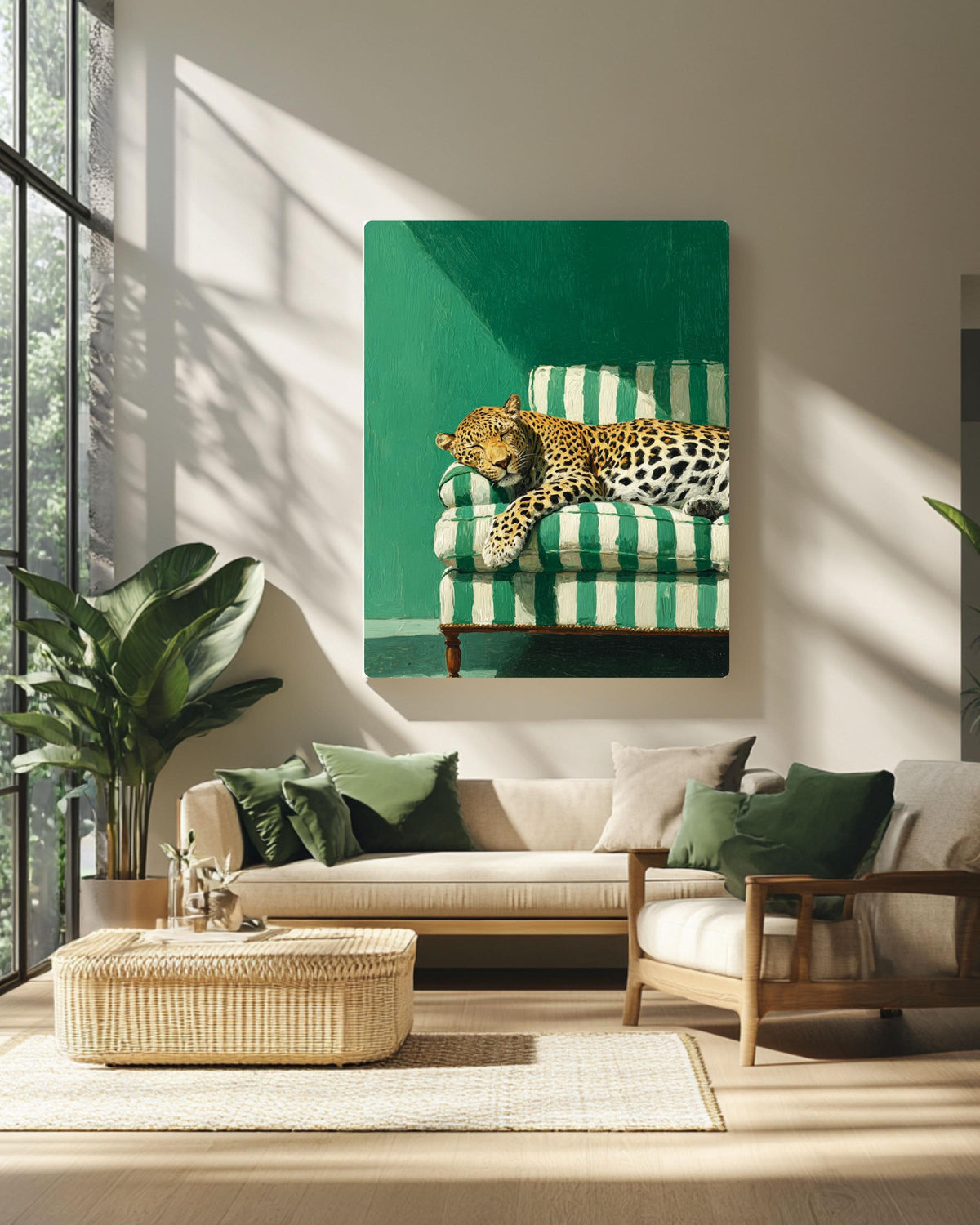 Sleepy Leopard Poster, Emerald Green Wall Art, Modern Maximalist Print