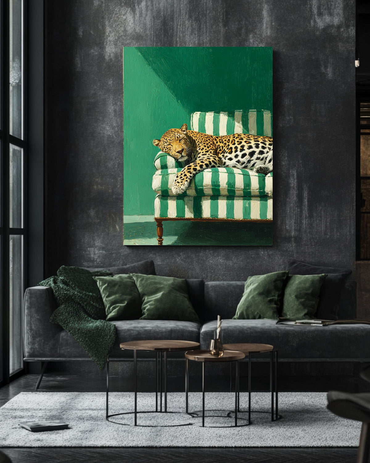 Sleepy Leopard Poster, Emerald Green Wall Art, Modern Maximalist Print