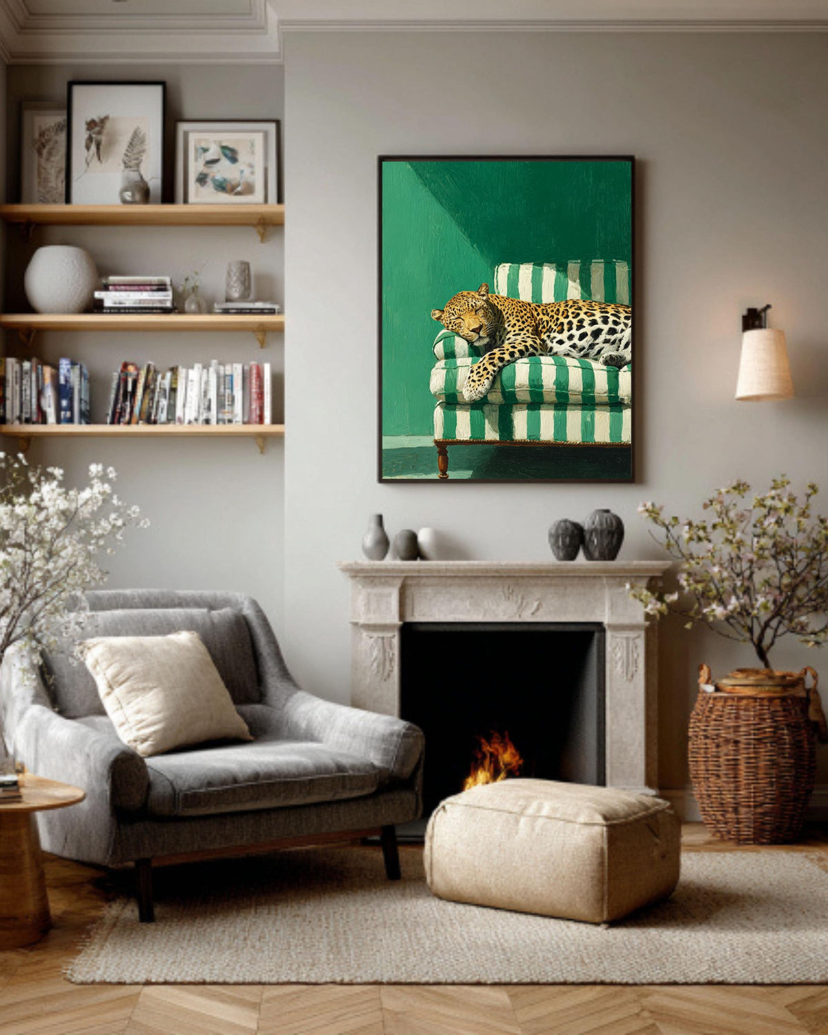 Sleepy Leopard Poster, Emerald Green Wall Art, Modern Maximalist Print