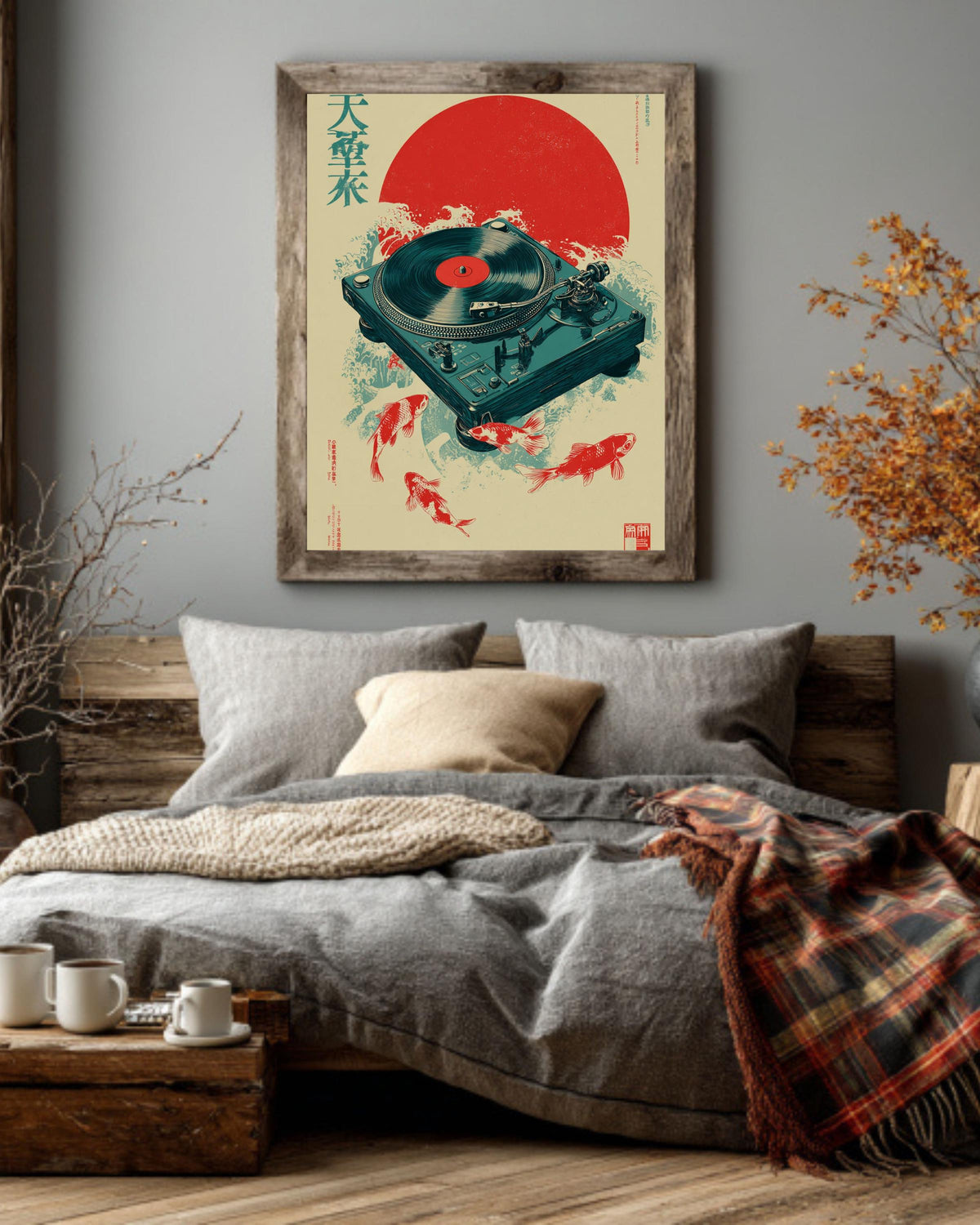 Koi Fish Vinyl Turntable Canvas, Japanese Zen Art