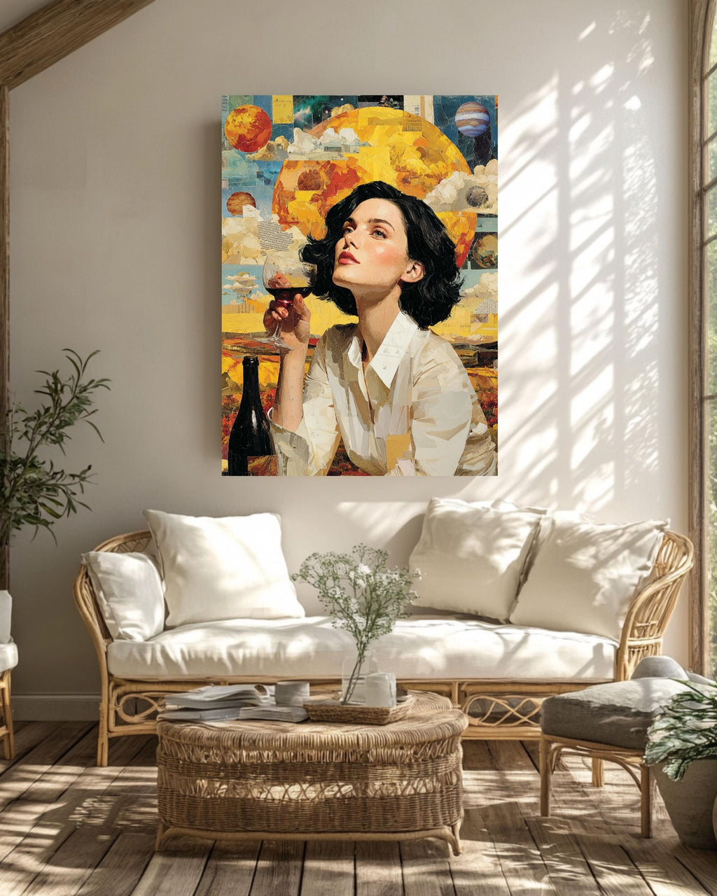 Surreal Woman Drinking Wine Canvas, Cosmic Planets Art, Modern Wall Decor