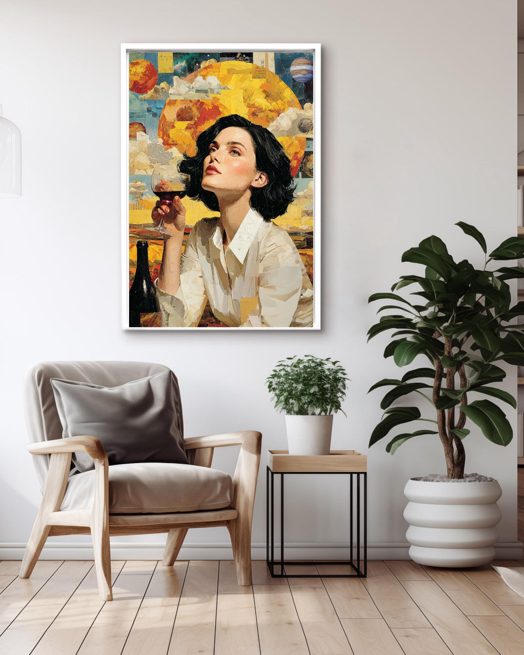 Surreal Woman Drinking Wine Canvas, Cosmic Planets Art, Modern Wall Decor